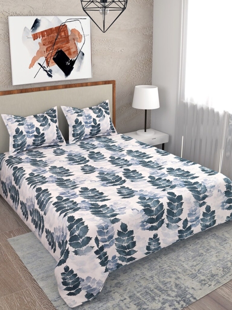 

Salona Bichona White & Teal Floral 180 TC Queen Bedsheet with 2 Pillow Covers