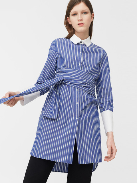 

MANGO Women Blue Striped Longline Casual Shirt