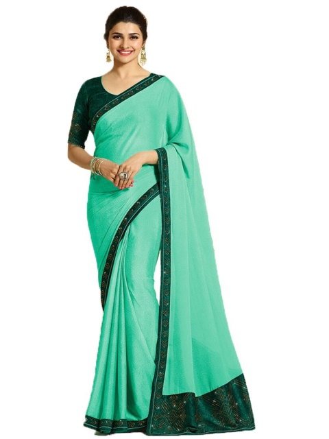 

VILAM Blue & Green Ethnic Motifs Pure Silk Block Print Saree