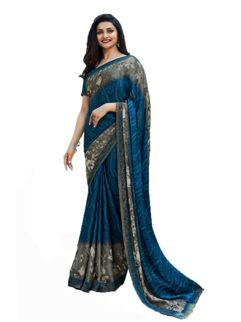 

VILAM Blue & Grey Ethnic Motifs Printed Pure Georgette Block Print Saree