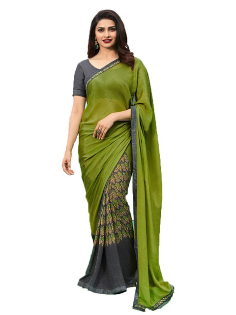 

VILAM Green & Charcoal Floral Pure Georgette Block Print Saree