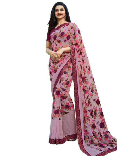 

VILAM Pink & Burgundy Floral Pure Georgette Block Print Saree