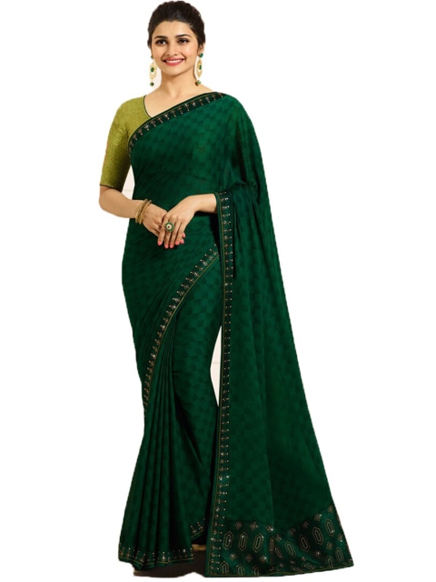 

VILAM Green & Gold-Toned Beads and Stones Pure Silk Block Print Saree