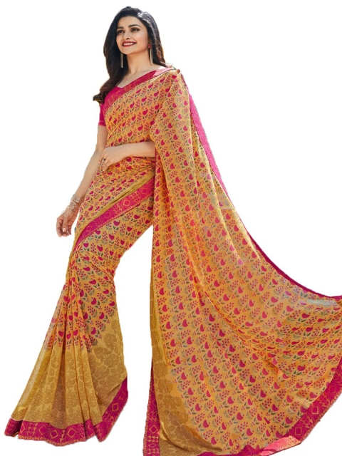 

VILAM Yellow & Pink Ethnic Motifs Pure Georgette Block Print Saree