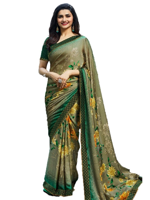 

VILAM Green & Yellow Floral Printed Pure Georgette Block Print Saree