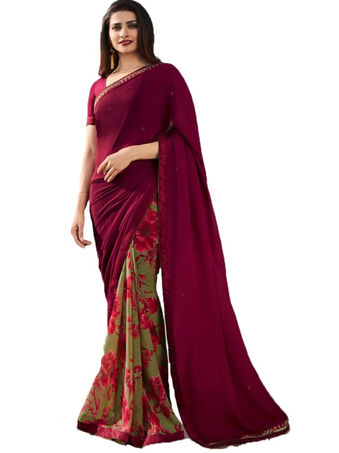 

VILAM Maroon & Green Floral Printed Pure Georgette Block Print Saree