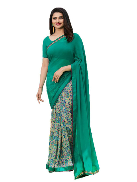 

VILAM Blue & Beige Ethnic Motifs Printed Pure Georgette Half and Half Block Print Saree