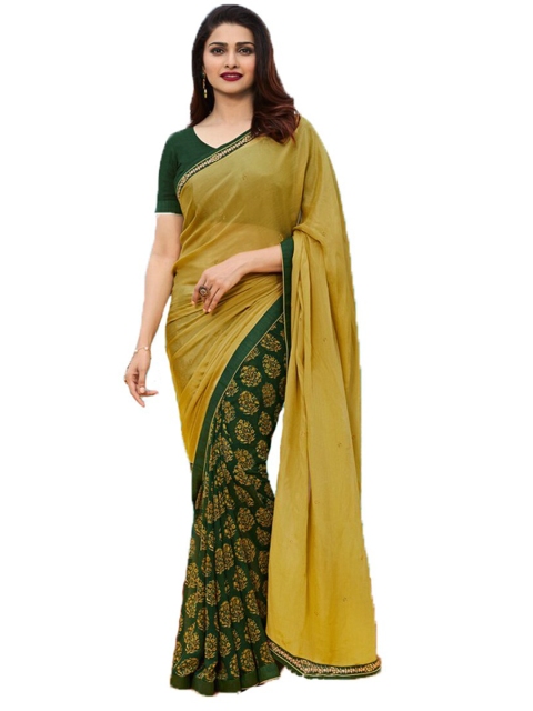 

VILAM Yellow & Green Floral Pure Georgette Block Print Saree