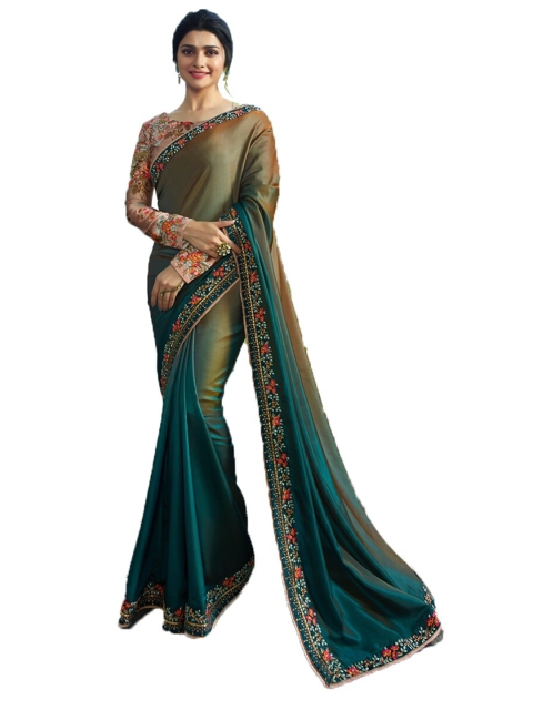 

VILAM Grey & Blue Colourblocked Embroidered Pure Silk Block Print Saree
