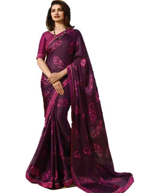 

VILAM Purple & Pink Floral Pure Georgette Block Print Saree