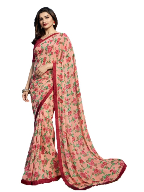 

VILAM Peach-Coloured & Green Floral Pure Georgette Block Print Saree