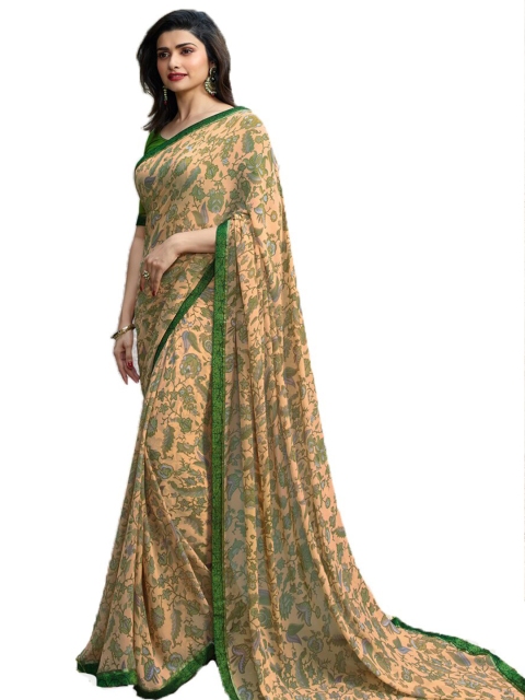 

VILAM Yellow & Green Floral Pure Georgette Block Print Saree