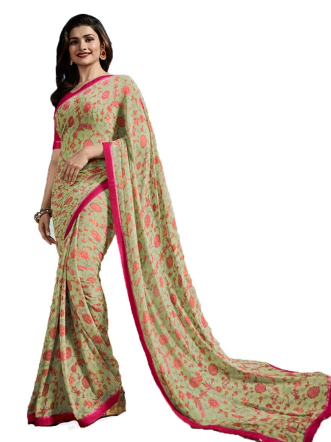 

VILAM Green & Pink Floral Pure Georgette Block Print Saree