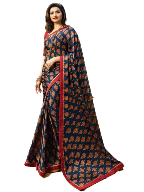 

VILAM Blue & Red Floral Printed Pure Georgette Block Print Saree