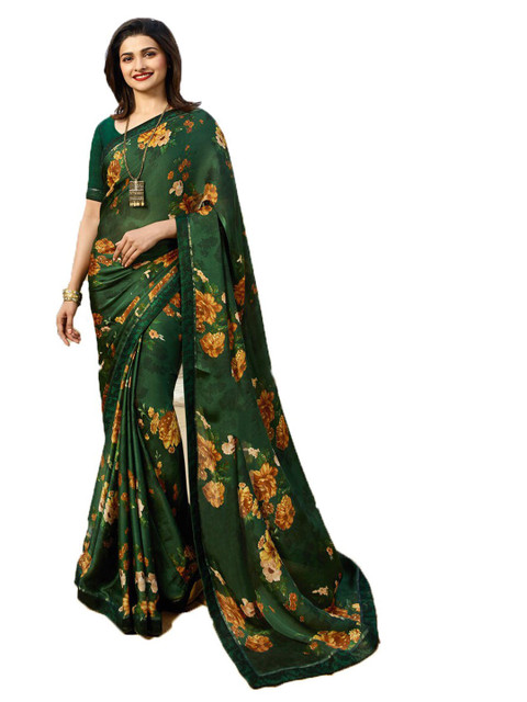

VILAM Green & Orange Floral Pure Georgette Block Print Saree