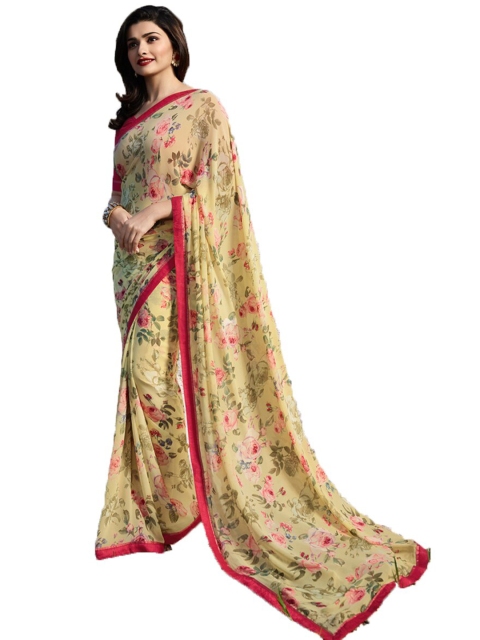 

VILAM Beige & Pink Floral Pure Georgette Block Print Saree