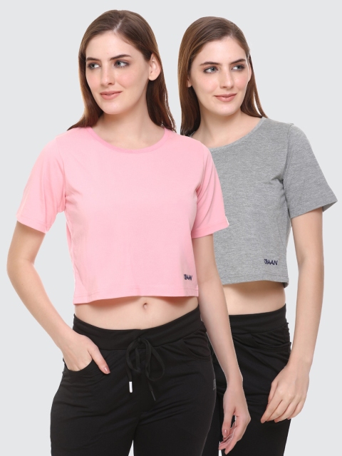 

Obaan Pack Of 2 Pink & Grey Solid Crop Top