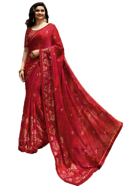 

VILAM Red & Gold-Toned Floral Pure Georgette Block Print Saree