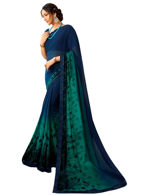 

VILAM Blue & Green Floral Printed Pure Georgette Block Print Saree