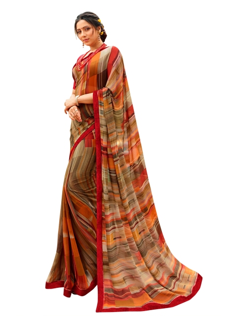 

VILAM Grey & Orange Pure Georgette Block Print Saree