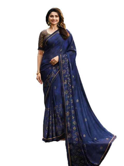 

VILAM Blue & Gold-Toned Floral Printed Pure Georgette Block Print Saree