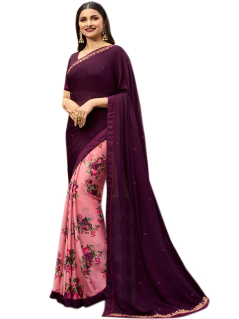 

VILAM Purple & Pink Floral Embroidered Pure Georgette Half and Half Block Print Saree