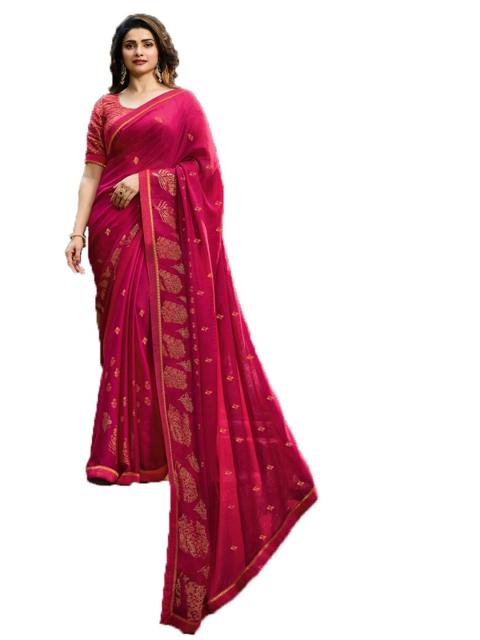 

VILAM Pink & Gold-Toned Floral Printed Pure Georgette Block Print Saree