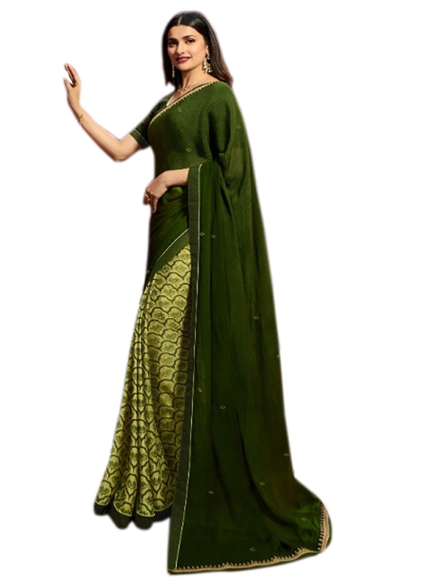 

VILAM Green Ethnic Motifs Pure Georgette Block Print Saree