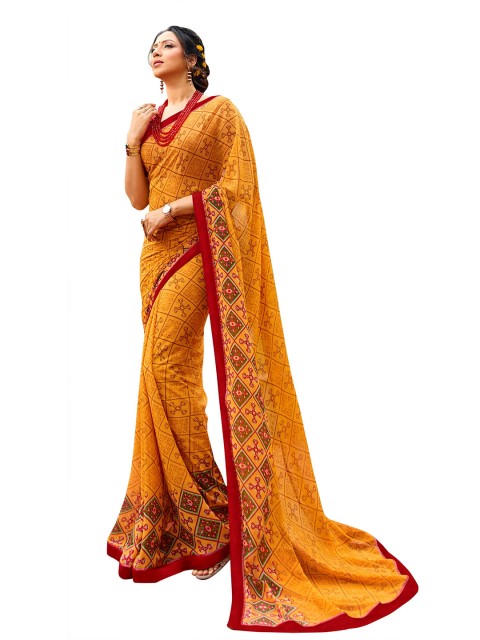 

VILAM Yellow & Red Ethnic Motifs Pure Georgette Block Print Saree