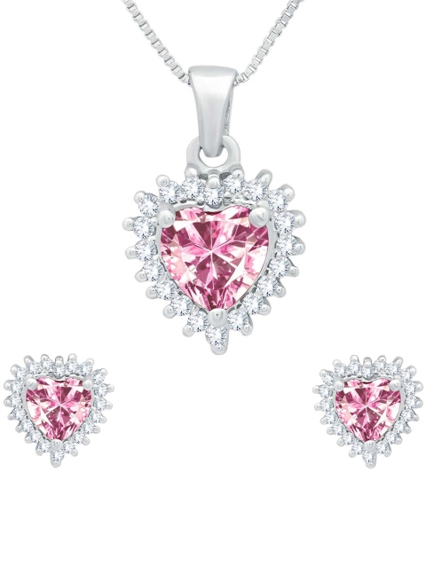 

ANAYRA Women Silver-Toned & Pink Heart Shaped Stone-Studded Jewellery Set