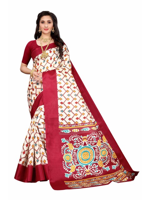 

AADVIKA White & Maroon Geometric Printed Saree