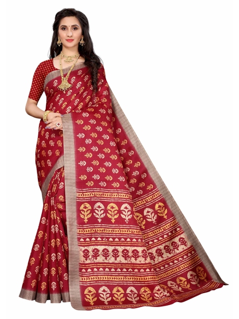 

AADVIKA Maroon & Beige Floral Printed Cotton Blend Saree