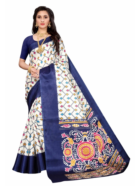 

AADVIKA White & Blue Geometric Printed Saree