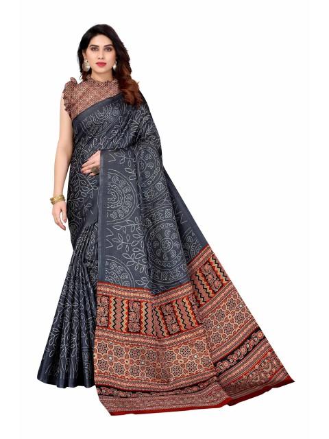 

AADVIKA Grey & Brown Floral Printed Cotton Blend Saree