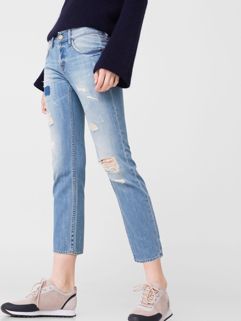 

MANGO Women Blue Relaxed Fit Mid-Rise Mildly Distressed Cropped Jeans