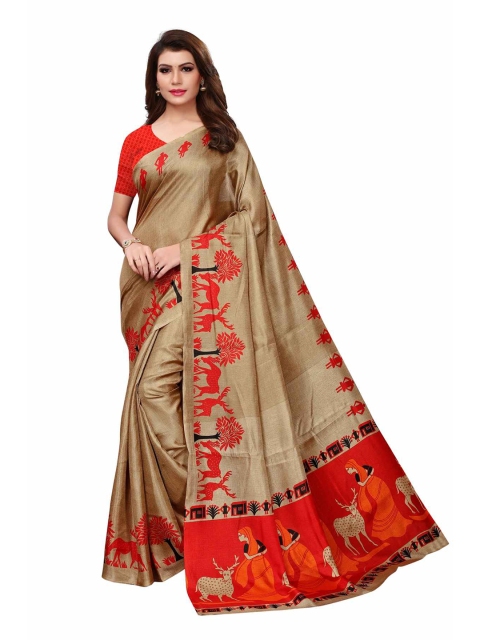 

AADVIKA Brown & Red Ethnic Motifs Printed Khadi Saree