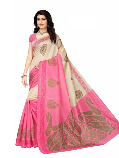 

AADVIKA Pink & Off White Floral Printed Saree