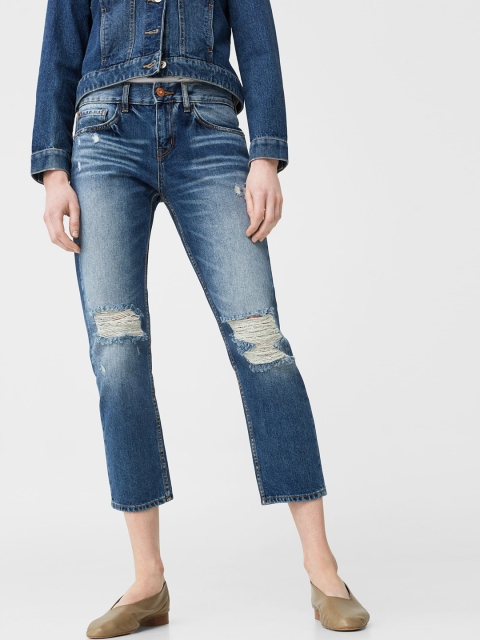 

MANGO Women Blue Relaxed Fit Mid-Rise Mildly Distressed Cropped Jeans