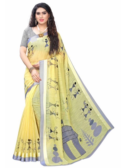 

AADVIKA Yellow & Grey Warli Printed Linen Blend Saree