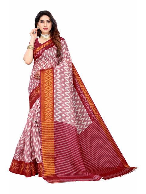

AADVIKA Red & White Printed Linen Blend Saree