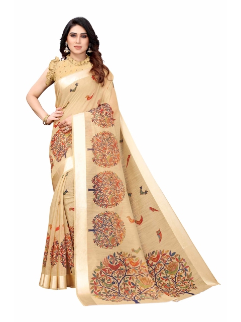 

AADVIKA Beige & Orange Floral Printed Saree