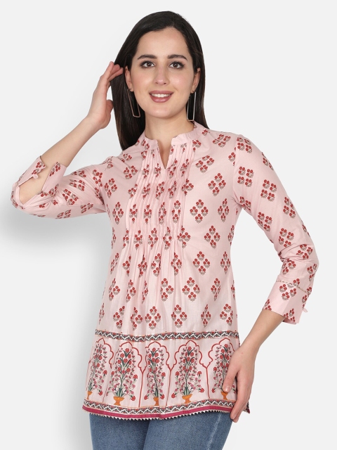 

TRISHLA INDIA Pink & Red Floral Print Mandarin Collar Pure Cotton Top
