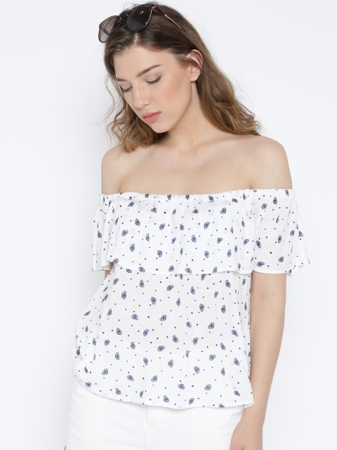 

MANGO Women White Printed Bardot Top