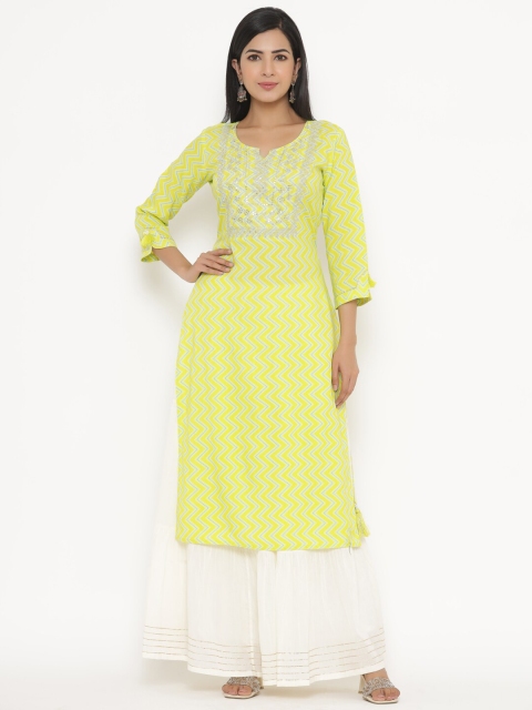 

JAVTA Women Yellow & Blue Geometric Embroidered Pure Cotton Kurta