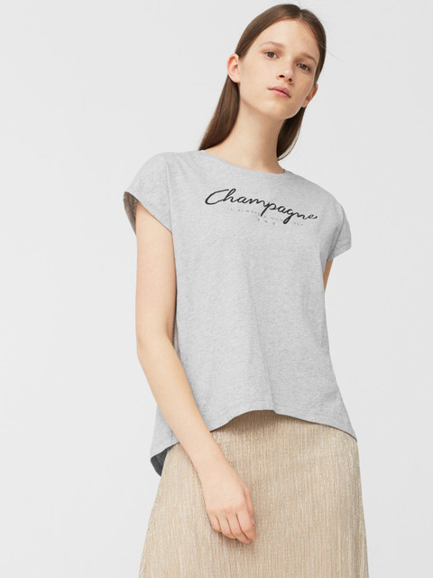 

MANGO Women Grey Melange Printed Round Neck T-Shirt
