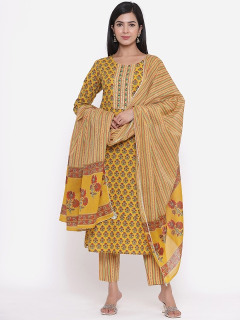 

CHRISTEENA Women Yellow Ethnic Motifs Printed Panelled Pure Cotton Kurta with Trousers & With Dupatta