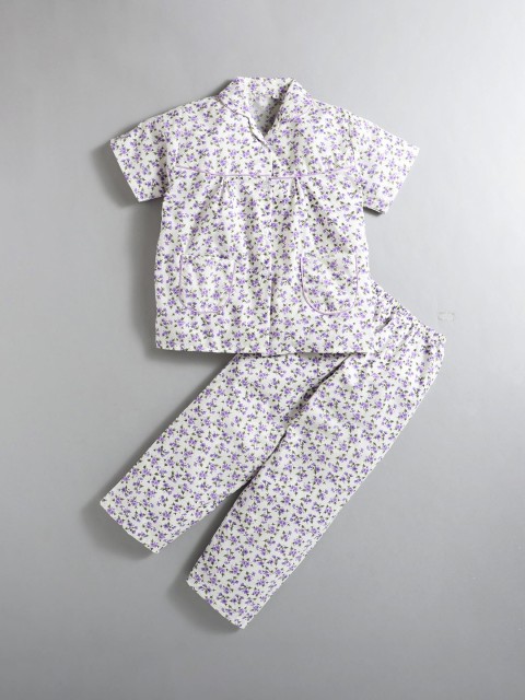 

The Magic Wand Kids White & Purple Printed Night suit