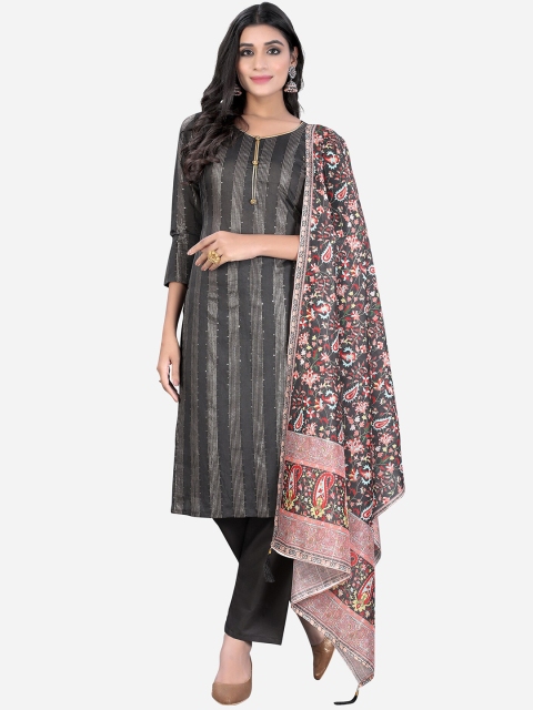 

Satrani Charcoal Grey & Pink Unstitched Dress Material