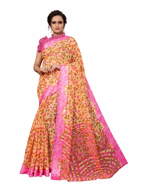 

AADVIKA Yellow & Pink Floral Linen Blend Saree