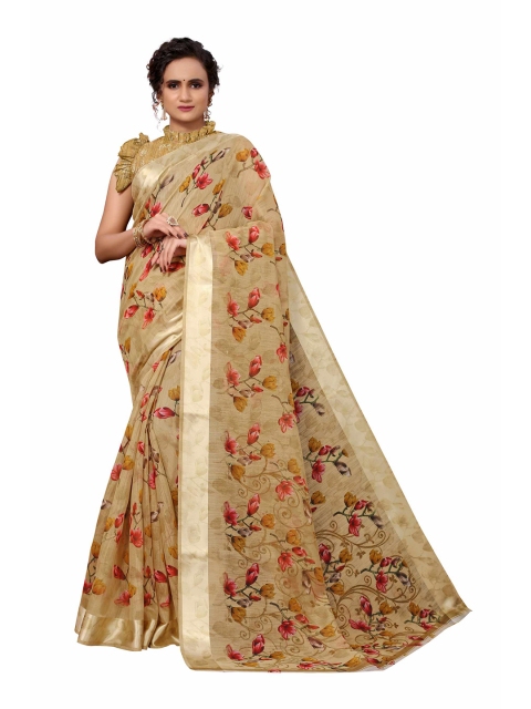 

AADVIKA Brown & Red Floral Printed Linen Blend Saree